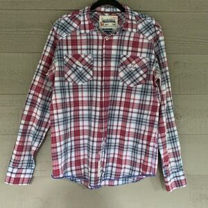 Men’s Buttonup Shirt Sz M Blue & Red Plaid Long Sleeve Pockets Western Cowboy